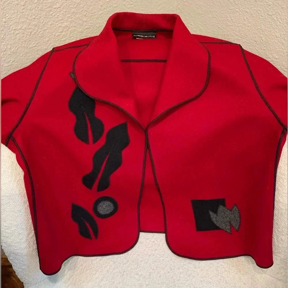 Vintage 80s Beppa 100% Wool Deep Cobalt Red Coat XS/S/M Bohemian Folk Art Design
